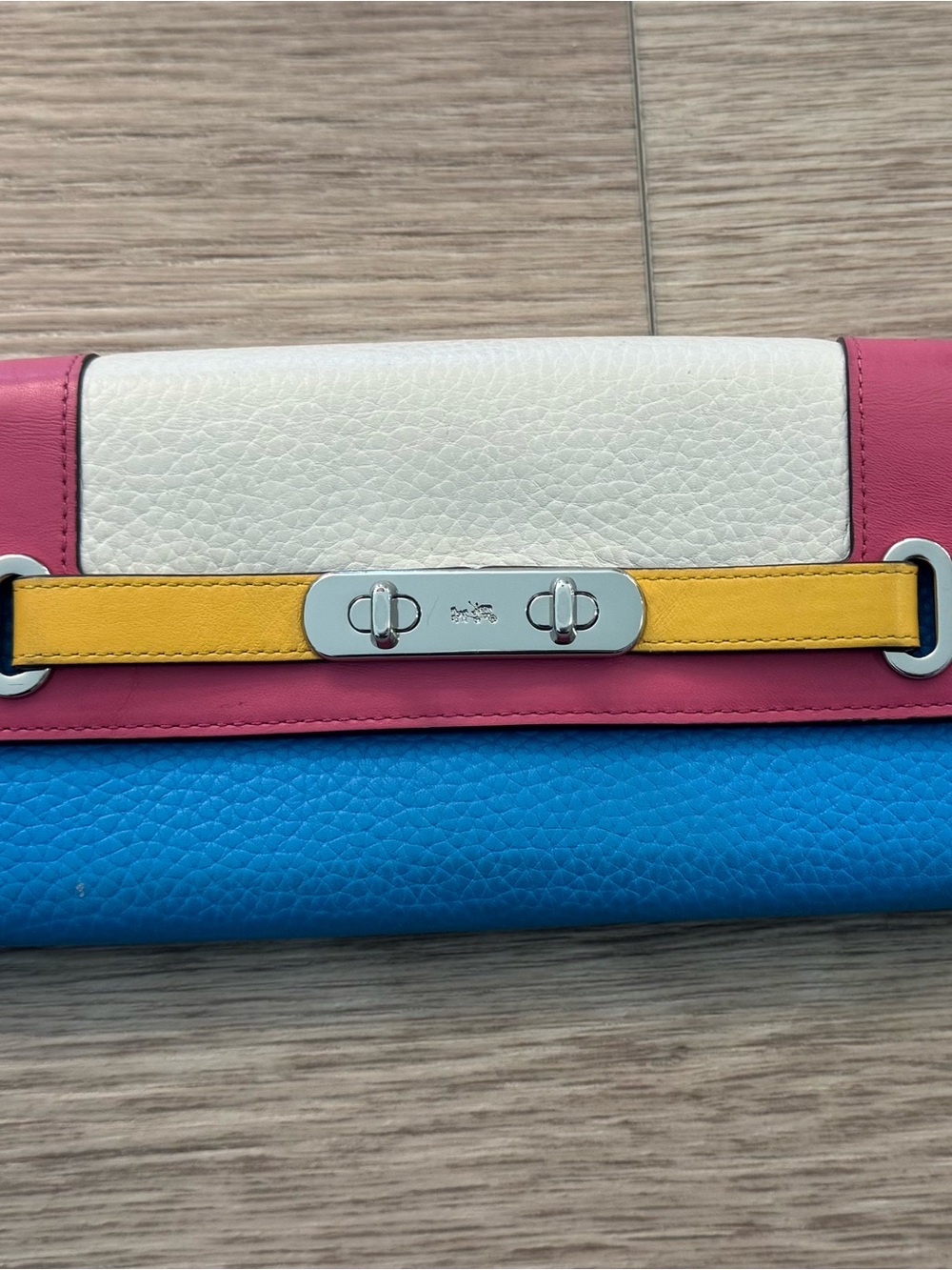 Coach Colorblock Leather Clutch in White, Pink, Blue & Yellow